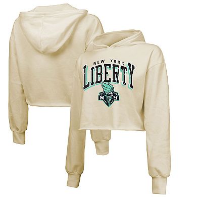 Women's Majestic Threads Cream New York Liberty Circus Shot Drop Shoulder Tri-Blend Cropped Pullover Hoodie