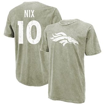 Men's Majestic Threads Bo Nix Moss Green Denver Broncos Mineral Wash Name & Number T-Shirt