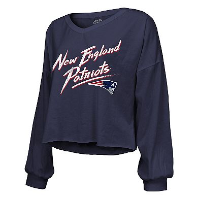 Women's Majestic Threads Drake Maye Navy New England Patriots Off-Shoulder Script Name & Number V-Neck T-Shirt