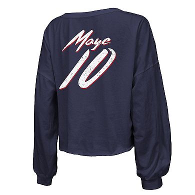 Women's Majestic Threads Drake Maye Navy New England Patriots Off-Shoulder Script Name & Number V-Neck T-Shirt