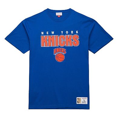 Men's Mitchell & Ness Blue New York Knicks Hardwood Classics Throw It Back Premium T-Shirt