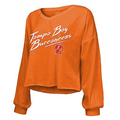Women's Majestic Threads Baker Mayfield Orange Tampa Bay Buccaneers Off-Shoulder Script Name & Number V-Neck T-Shirt