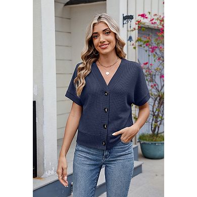 Women's Short Sleeve Tops Casual V Neck Waffle Knit Button Down Shirts