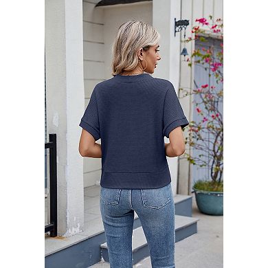 Women's Short Sleeve Tops Casual V Neck Waffle Knit Button Down Shirts