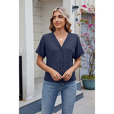 Women's Short Sleeve Tops Casual V Neck Waffle Knit Button Down Shirts