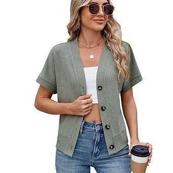 Women's Short Sleeve Tops Casual V Neck Waffle Knit Button Down Shirts