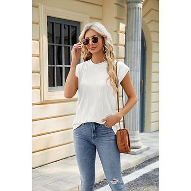Women's Short Sleeve Shirts Casual Crewneck Textured Tops Cute Basic Work Blouses