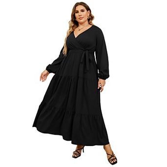 Women's Plus Size V Neck Maxi Dress Wrap Long Sleeves High Waist Ruffle Casual Dress with Belt