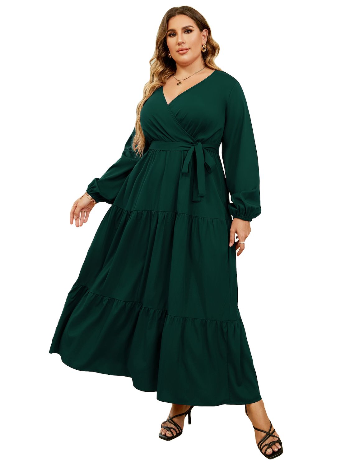 Женские платья Plus Size V Neck Maxi Dress Wrap Long Sleeves High Waist Ruffle Casual Dress with Belt