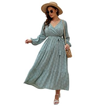 Women's Plus Size V Neck Maxi Dress Wrap Long Sleeves High Waist Ruffle Casual Dress with Belt