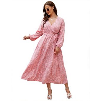 Women's Plus Size V Neck Maxi Dress Wrap Long Sleeves High Waist Ruffle Casual Dress with Belt