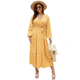 Women's Plus Size V Neck Maxi Dress Wrap Long Sleeves High Waist Ruffle Casual Dress with Belt