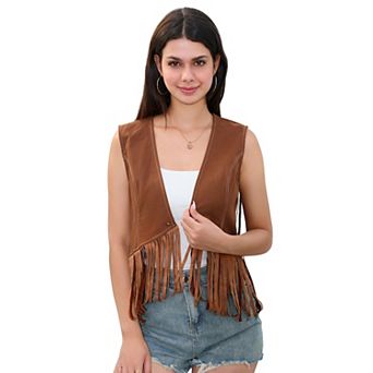 Women's Sleeveless Tassel Western Vest Cowboy Button Crop Outwear Vests