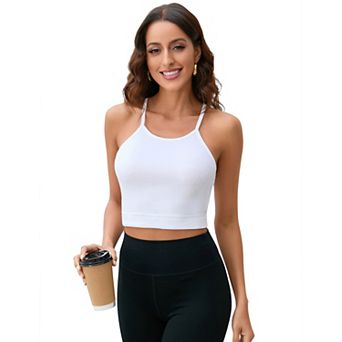 Women Y Back Crop Shirt Spaghetti Straps Racerback Padded Yoga Workout Longline Sports Tops
