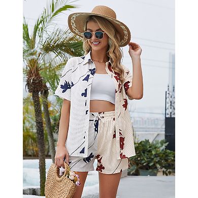Women's 2 Piece Outfits Sets Button Down Short Sleeve Shirt and Shorts Set With Pockets