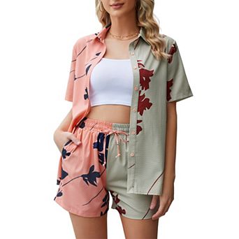 Women's 2 pc Outfits Sets Button Down Short Sleeve Shirt and Shorts Set With Pockets