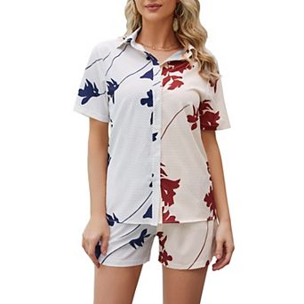 Women's 2 pc Outfits Sets Button Down Short Sleeve Shirt and Shorts Set With Pockets