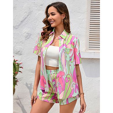 Women's 2 Piece Outfits Sets Summer Beach Button Down Short Sleeve Shirt and Shorts Set With Pockets