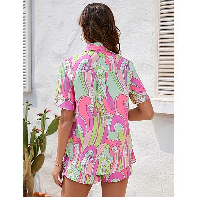Women's 2 Piece Outfits Sets Summer Beach Button Down Short Sleeve Shirt and Shorts Set With Pockets