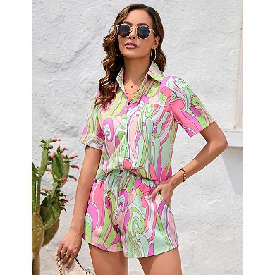 Women's 2 Piece Outfits Sets Summer Beach Button Down Short Sleeve Shirt and Shorts Set With Pockets