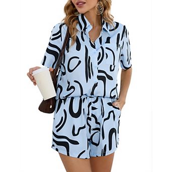 Women's 2 pc Outfits Sets Summer Beach Button Down Short Sleeve Shirt and Shorts Set With Pockets