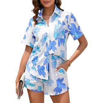 Women's 2 pc Outfits Sets Summer Beach Button Down Short Sleeve Shirt and Shorts Set With Pockets
