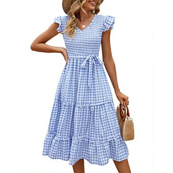 Women Summer Bohemian Dress Casual Crew Neck Ruffle Cap Sleeveless Belt A-Line Midi Sun Dresses