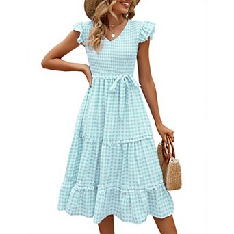 Women Summer Bohemian Dress Casual Crew Neck Ruffle Cap Sleeveless Belt A-Line Midi Sun Dresses
