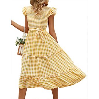 Women Summer Bohemian Dress Casual Crew Neck Ruffle Cap Sleeveless Belt A-Line Midi Sun Dresses