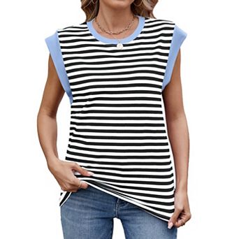 Women's Crew Neck Color Block Cap Sleeve Striped Casual T-Shirts Oversized Tunic Tank Tops