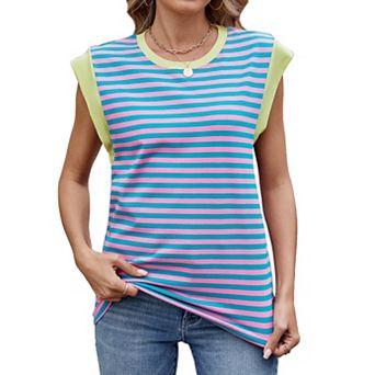 Women's Crew Neck Color Block Cap Sleeve Striped Casual T-Shirts Oversized Tunic Tank Tops