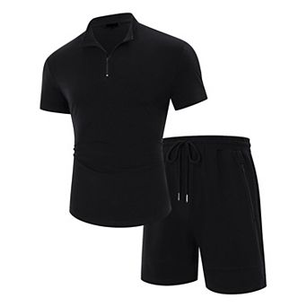 Men's Short Sleeve T-Shirt Zip Polos Casual Collared Shirts with Shorts