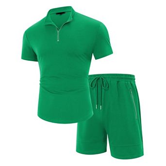 Men's Short Sleeve T-Shirt Zip Polos Casual Collared Shirts with Shorts