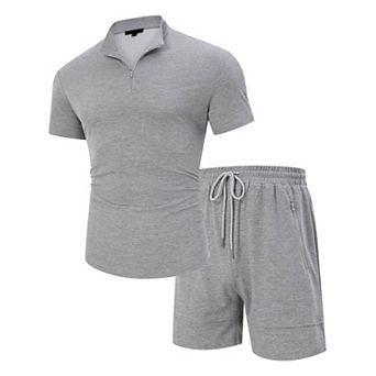 Men's Short Sleeve T-Shirt Zip Polos Casual Collared Shirts with Shorts
