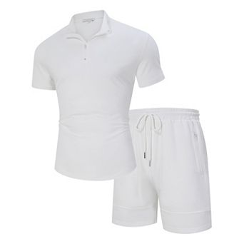 Men's Short Sleeve T-Shirt Zip Polos Casual Collared Shirts with Shorts