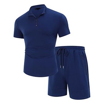 Men's Short Sleeve T-Shirt Zip Polos Casual Collared Shirts with Shorts