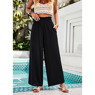 Women's Wide Leg Pants with Pocket Lightweight Solid High Waisted Adjustable Tie Loose Trousers