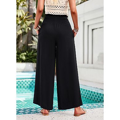 Women's Wide Leg Pants with Pocket Lightweight Solid High Waisted Adjustable Tie Loose Trousers