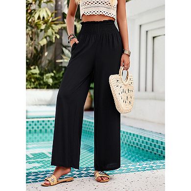 Women's Wide Leg Pants with Pocket Lightweight Solid High Waisted Adjustable Tie Loose Trousers