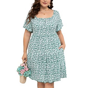 Women's Plus Size Floral V-Neck Dress Short Sleeve Knee Length A-line Mini Dresses