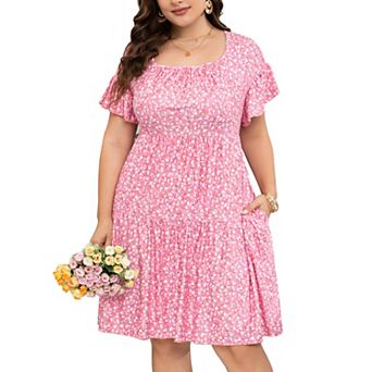 Women's Plus Size Floral V-Neck Dress Short Sleeve Knee Length A-line Mini Dresses