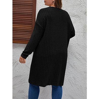 Women's Plus Size Long Sleeve Open Front Knit Cardigan Sweater with Pockets