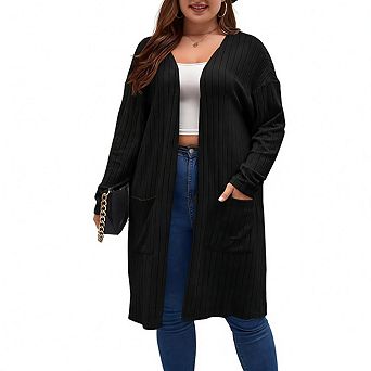 Women's Plus Size Long Sleeve Open Front Knit Cardigan Sweater with Pockets