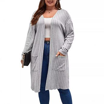 Women's Plus Size Long Sleeve Open Front Knit Cardigan Sweater with Pockets