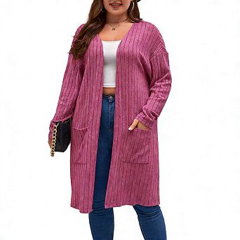 Women's Plus Size Long Sleeve Open Front Knit Cardigan Sweater with Pockets