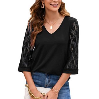 Women 3/4 Sleeves Shirt V-Neck Lace Lightweight Flowy Casual Blouses Tunic Tops