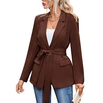 Women's Elegant Belted Blazer Long Sleeve Shawl Collar Suit Jacket for Work