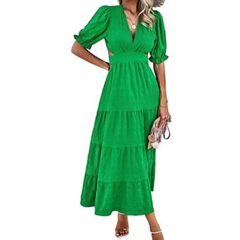 Women's Short Sleeve Long Dress V-Neck Hollow Out Dresses Beach Party Dresses