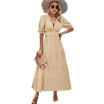 Women's Short Sleeve Long Dress V-Neck Hollow Out Dresses Beach Party Dresses