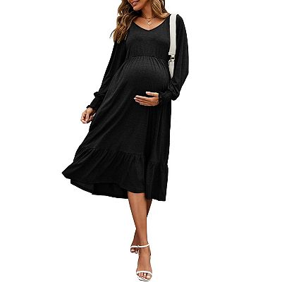 Womens Maternity Dress Puff Long Sleeve V Neck Pleated Flare Midi Flowy  Dress
